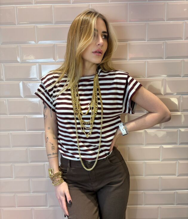 T-shirt in cotone riga cioccolato e burro -Floor
