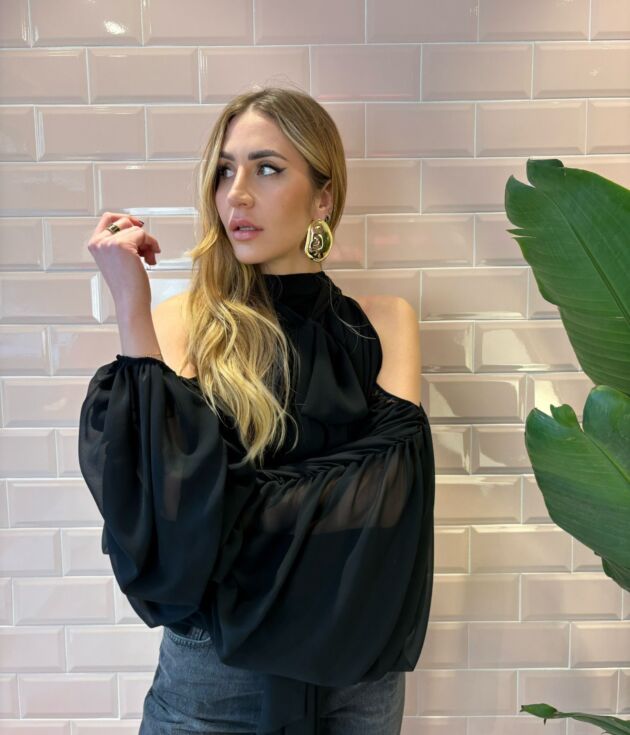 Camicia Bling Donna Vocal Nera Con Cristalli - Manica Lunga Scollo A V Spalla Scoperta Taglie S-3X