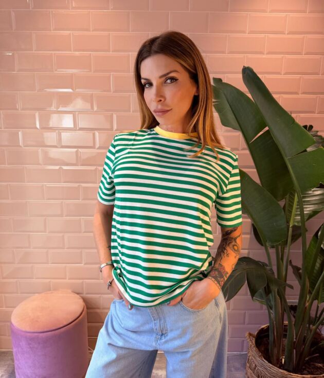 T-shirt donna righe verdi e bianco con collo a contrasto HaveOne