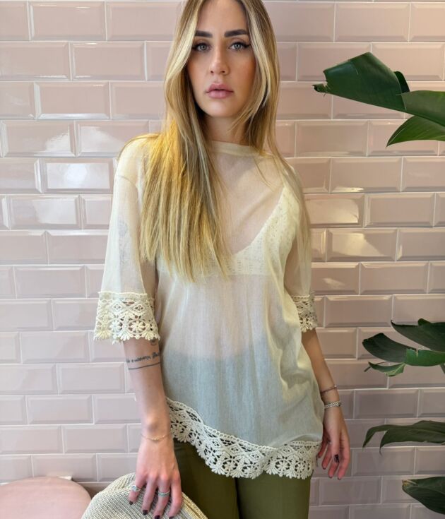 T-shirt in rete Haveone con pizzo asimmetrico