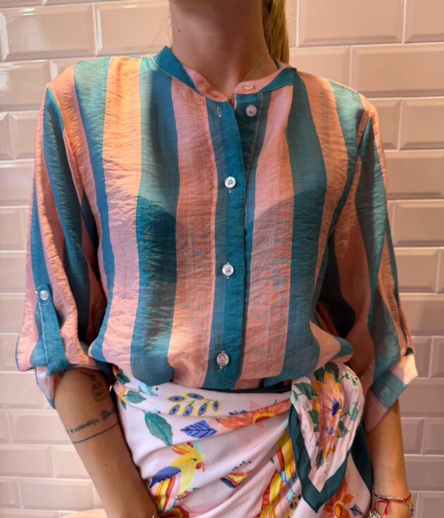 Camicia in Mussola HaveOne a Righe Rosa e Ottanio